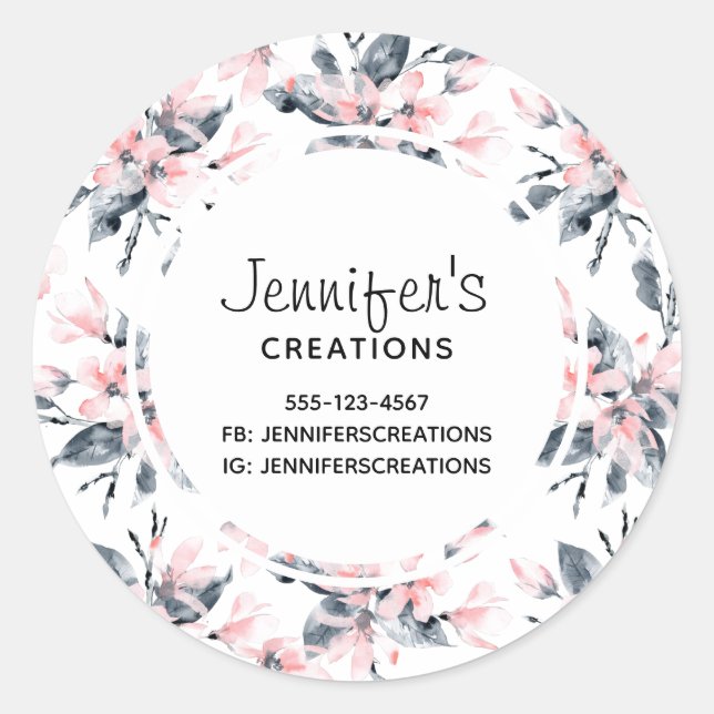 Sticker Rond Aquarelle rose et gris Floral Motif (Devant)