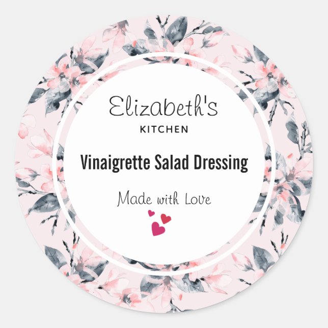 Sticker Rond Aquarelle rose et gris Floral Motif Cuisine (Devant)