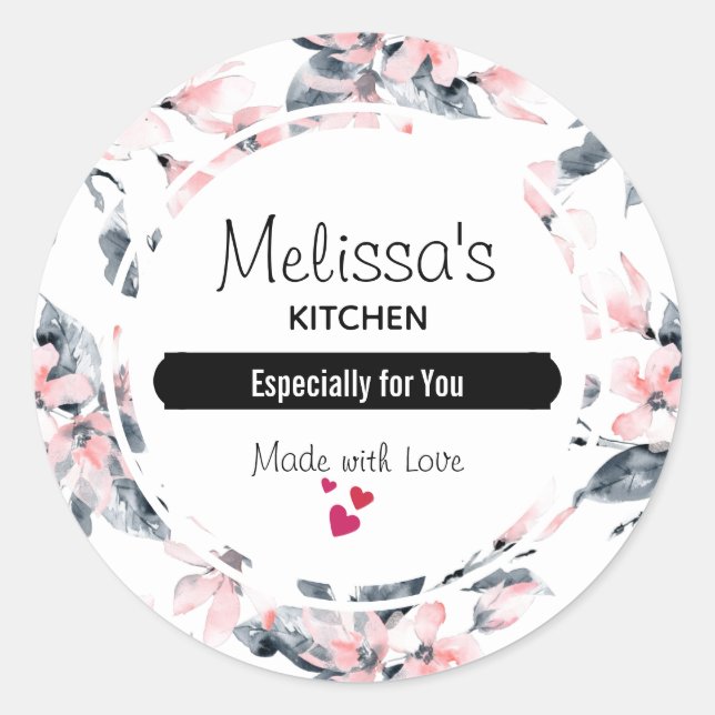 Sticker Rond Aquarelle rose et gris Floral Motif Cuisine (Devant)