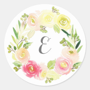 Sticker Rond Aquarelle rose et jaune couronne florale Monogra