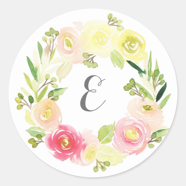 Sticker Rond Aquarelle rose et jaune couronne florale | Monogra (Devant)