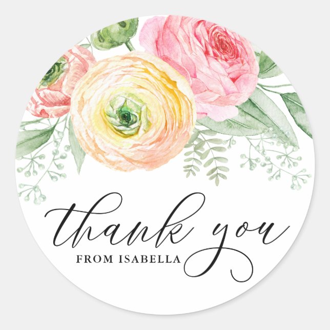 Sticker Rond Aquarelle rose et jaune Merci Ranunculus (Devant)