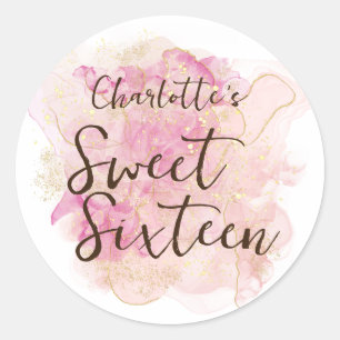 Sticker Rond Aquarelle rose et or chic Douce 16 Partie