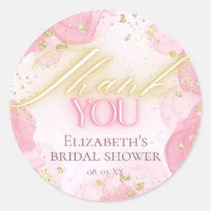 Sticker Rond Aquarelle Rose et Paillettes Dorées Élégant Merci