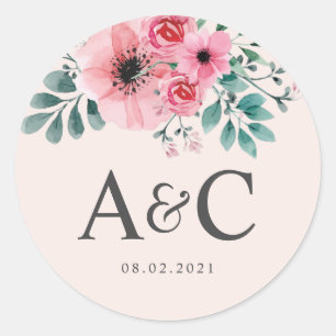 Sticker Rond Aquarelle rose et vert Mariage Floral Monogramme