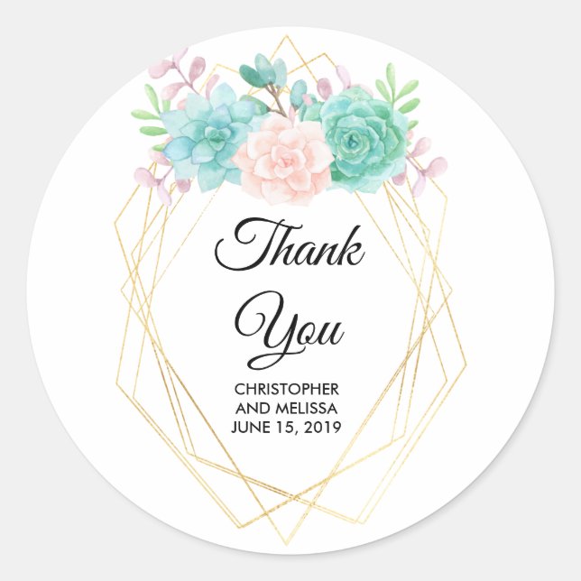 Sticker Rond Aquarelle rose et vert moderne Mariage Succulent (Devant)