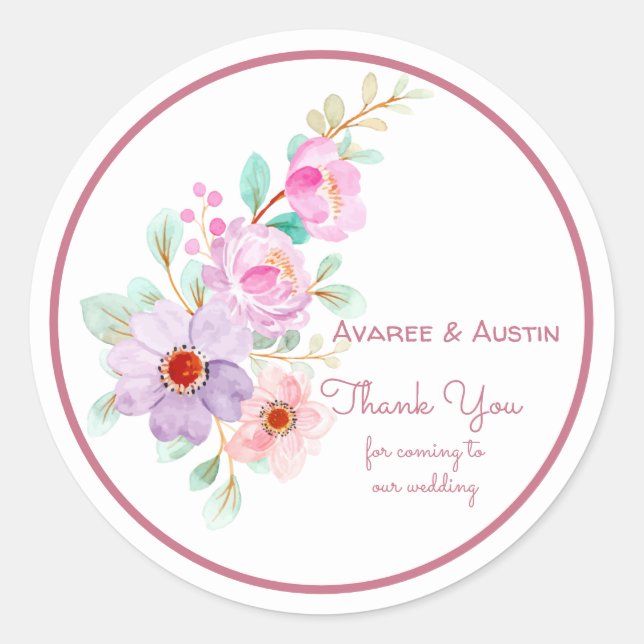 Sticker Rond Aquarelle rose et violet Fleurs Merci (Devant)