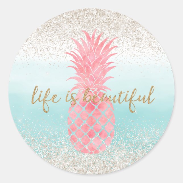 Sticker Rond Aquarelle rose Fille Ananas tropical (Devant)