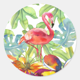 Sticker Rond Aquarelle rose Flamant rose tropical