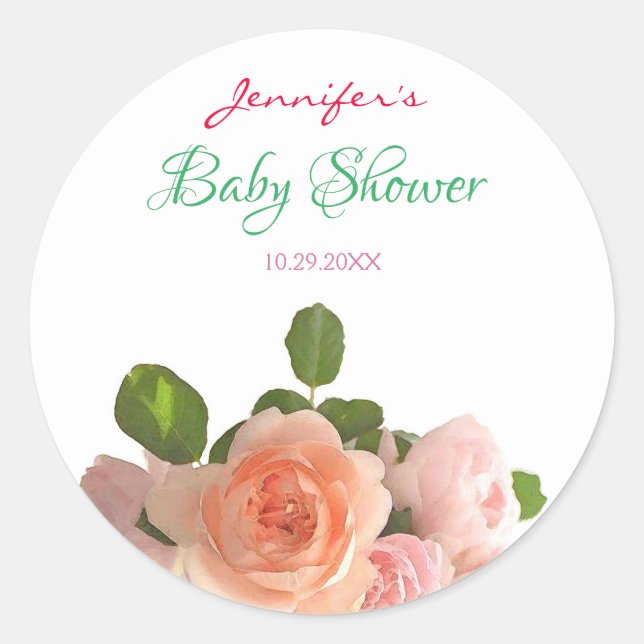 Sticker Rond Aquarelle Rose Fleurs Baby shower manuscrit (Devant)