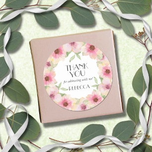 Sticker Rond Aquarelle rose Fleurs blanches