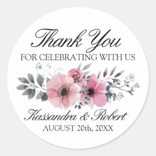 Sticker Rond Aquarelle rose Fleurs d'anémones Merci Mariage
