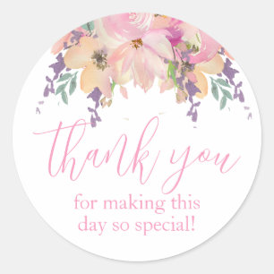 Sticker Rond Aquarelle rose Fleurs Merci Anniversaire Favoriser
