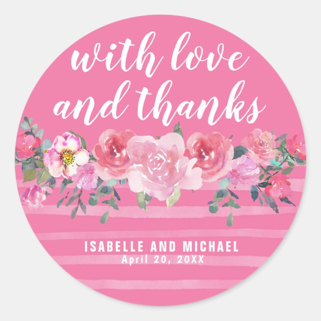 Sticker Rond Aquarelle rose Floral et Mariage des rayures (Devant)