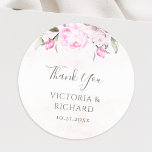 Sticker Rond Aquarelle rose Floral Mariage élégant<br><div class="desc">Beaux autocollants de Merci mariage avec des fleurs d'aquarelle rose et une calligraphie manuscrite moderne.</div>