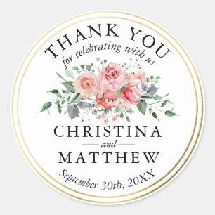 Sticker Rond Aquarelle rose Floral Mariage or Merci