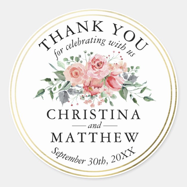 Sticker Rond Aquarelle rose Floral Mariage or Merci (Devant)