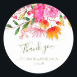 Sticker Rond Aquarelle rose Floral Merci de mariage personnalis<br><div class="desc">Aquarelle rose coloré Floral Merci de mariage personnalisé Classic Round Sticker</div>