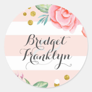 Sticker Rond Aquarelle rose Floral Or Confetti Stripes doux
