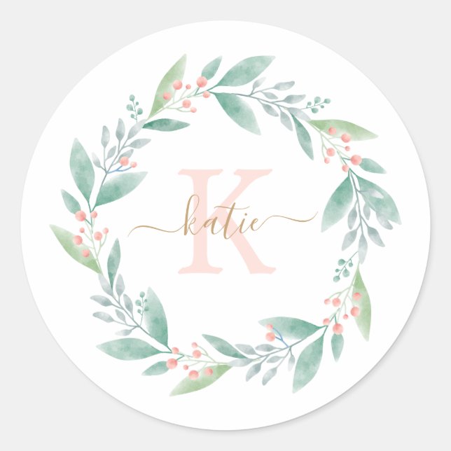 Sticker Rond Aquarelle rose Floral Wreath Monogramme (Devant)