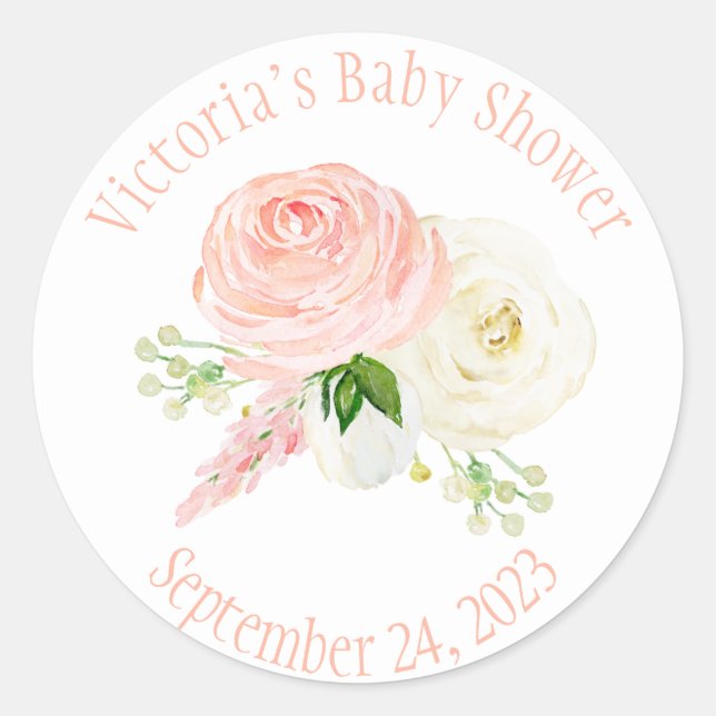Sticker Rond Aquarelle rose florale Baby Girl Nom (Devant)