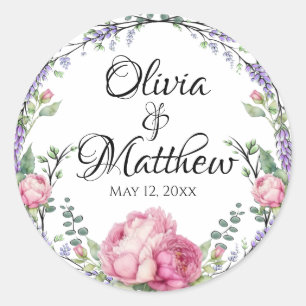 Sticker Rond Aquarelle rose floraux lavande éducalyptus