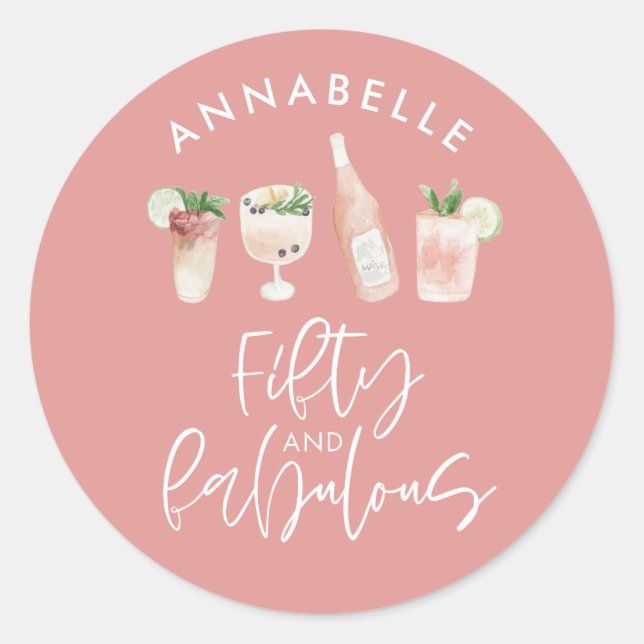 Sticker Rond Aquarelle rose girly 50 et fabuleuse cla d'anniver (Devant)