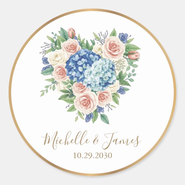 Sticker Rond aquarelle Rose Hydrangea Floral Mariage Or (Devant)