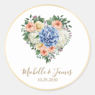 Sticker Rond aquarelle Rose Hydrangea Floral Mariage Or