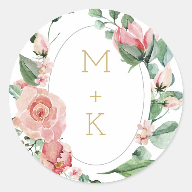 Sticker Rond Aquarelle Rose Jardin Monogramme Mariage Sceau (Devant)