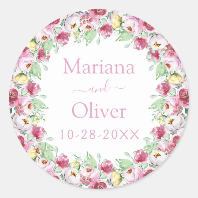Sticker Rond Aquarelle rose jaune Mariage Floral (Devant)