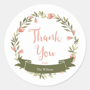 Sticker Rond Aquarelle rose Merci de couronne de fleurs