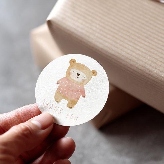 Sticker Rond Aquarelle rose mignon Merci ours (Pink sleepy bear, cute thank you sticker for gifts and favors)