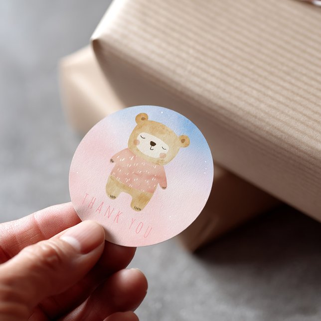 Sticker Rond Aquarelle rose mignon Merci ours en peluche (Pink and blue girl sleepy bear thank you)
