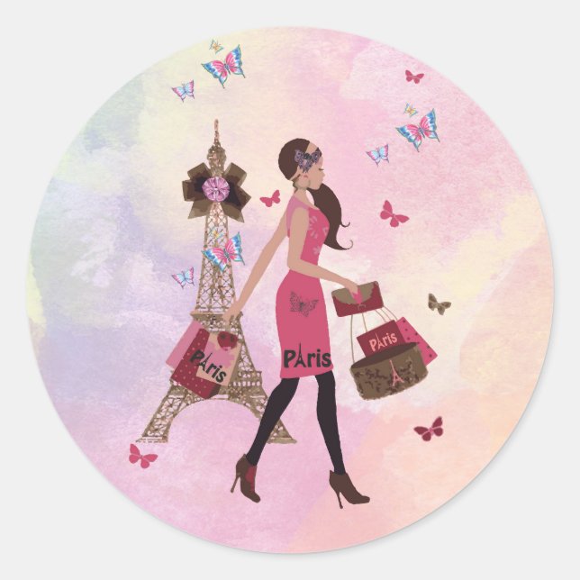Sticker Rond Aquarelle rose mignonne Girl Paris Tour Eiffel (Devant)