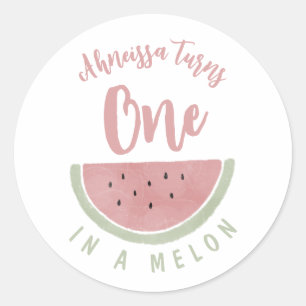Sticker Rond Aquarelle rose mignonne un dans un Melon Anniversa