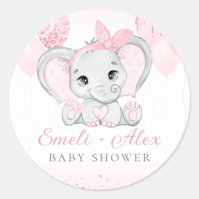 Sticker Rond Aquarelle rose moderne Baby shower Elephant Girl (Devant)