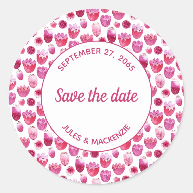 Sticker Rond Aquarelle rose motif floral Enregistrer la date (Devant)