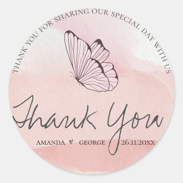 Sticker Rond Aquarelle rose mûre Papillon Mariage Merci (Devant)