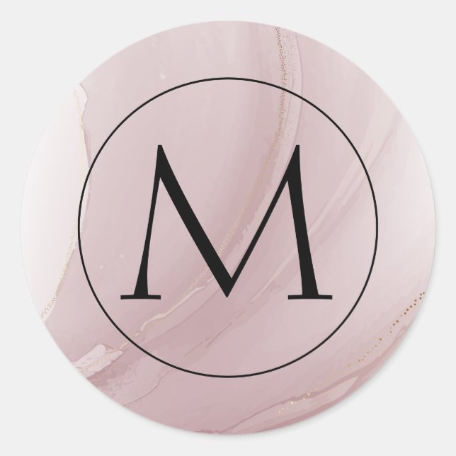 Sticker Rond Aquarelle Rose or marbre Monogramme (Devant)