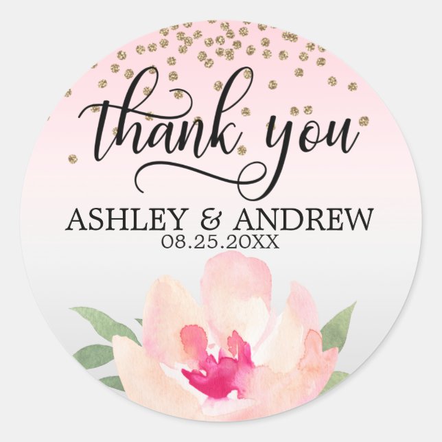Sticker Rond Aquarelle rose pâle Aquarelle gris Merci Mariage (Devant)
