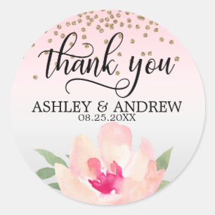 Sticker Rond Aquarelle rose pâle Aquarelle gris Merci Mariage