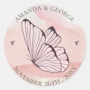 Sticker Rond Aquarelle rose pâle mignon Mariage papillon