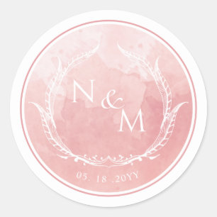 Sticker Rond Aquarelle rose pâle Monogramme Enveloppe Sceau/Fav