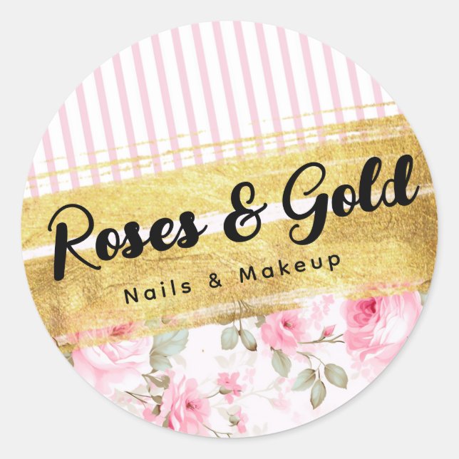 Sticker Rond Aquarelle rose pâle Roses & or Shabby Chic (Devant)