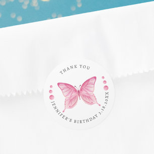 Sticker Rond Aquarelle rose papillon Merci d'anniversaire