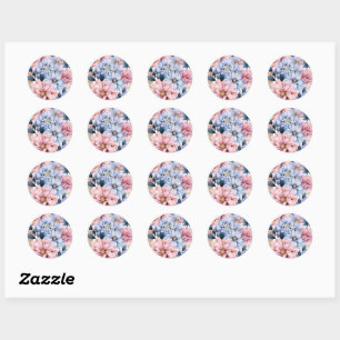Sticker Rond Aquarelle rose pastel et fleurs bleues
