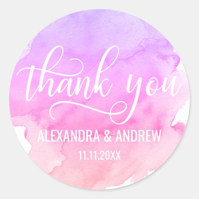 Sticker Rond Aquarelle rose Peach violet Mariage Merci (Devant)