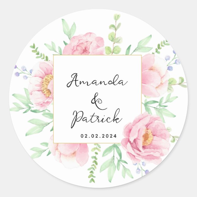 Sticker Rond Aquarelle rose Peony Fleurs de mariage (Devant)
