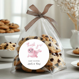 Sticker Rond Aquarelle rose phoque - merci